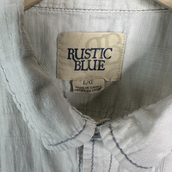 Rustic Blue Shirt Mens L White Button Up Embroidered Cotton Linen - Picture 3 of 11